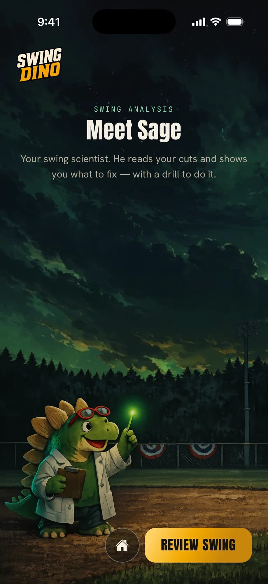 The SwingDino swing analysis intro, Sage the swing scientist on a moonlit field above a Review Swing button.