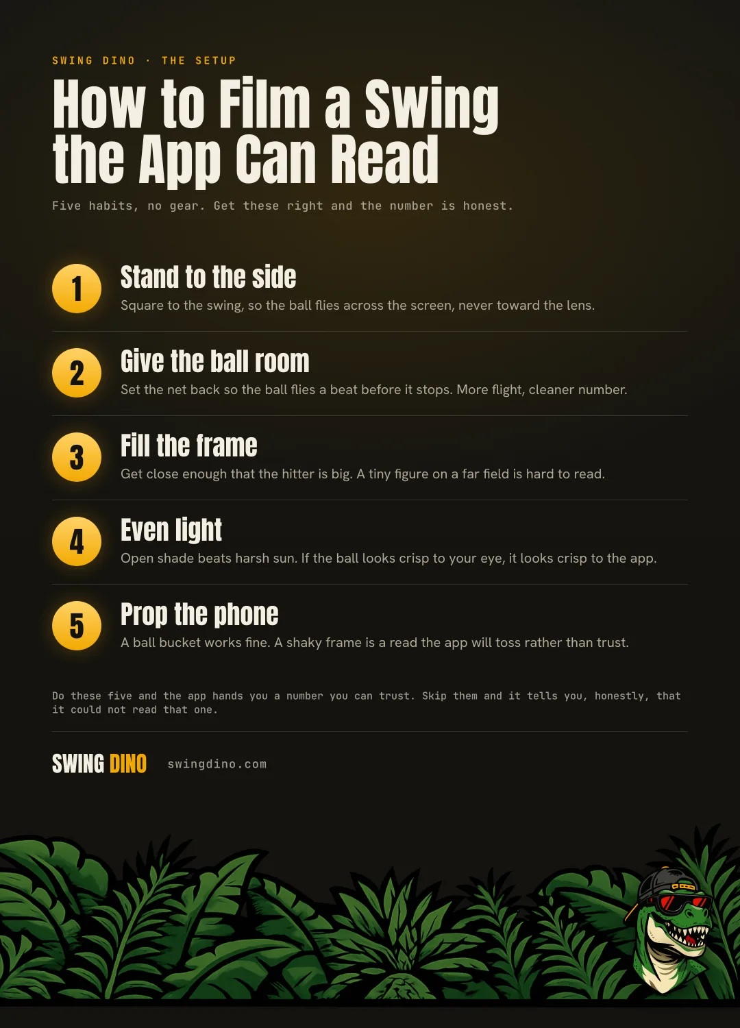 Five habits for filming a swing the app can read: stand to the side, give the ball room, fill the frame, even light, and prop the phone.